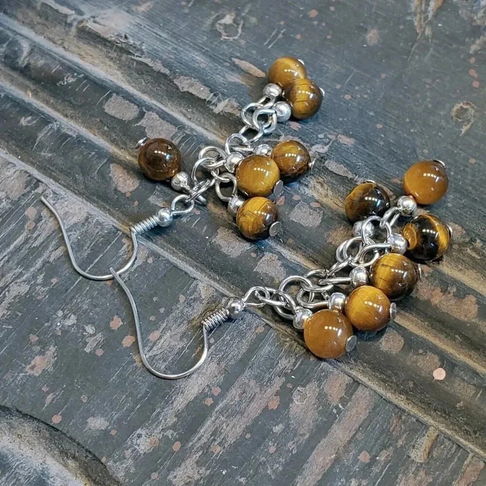 Handcrafted Tiger's Eye Gemstone Bead Dangle Silver Platinum Plated Earrings